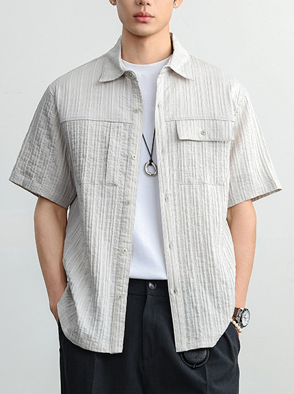 條紋襯衫男夏輕薄款高級感痞帥休閒泡泡紗老錢風休閒冰絲短袖襯衣