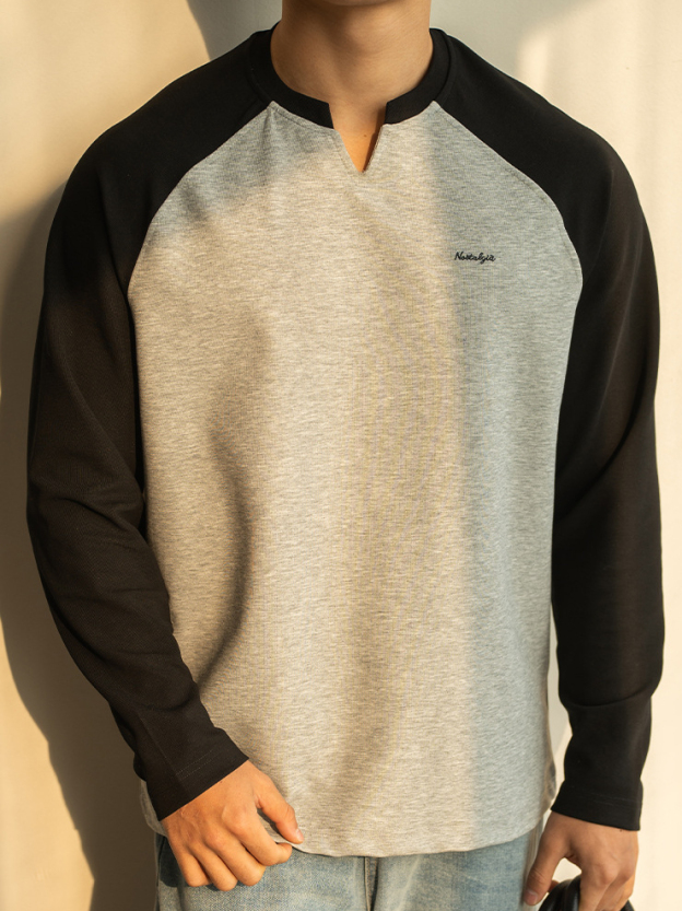 美式運動小V領撞色落肩袖寬鬆衛衣男士春季打底健身長袖T恤