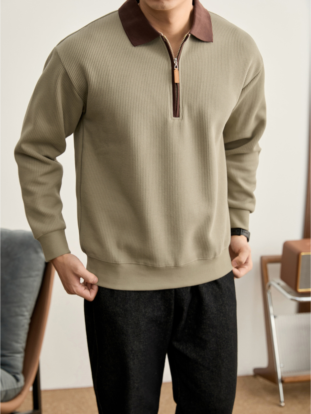  知識分子風男士半拉鍊撞色翻領針織POLO衫秋冬豎紋肌理上衣