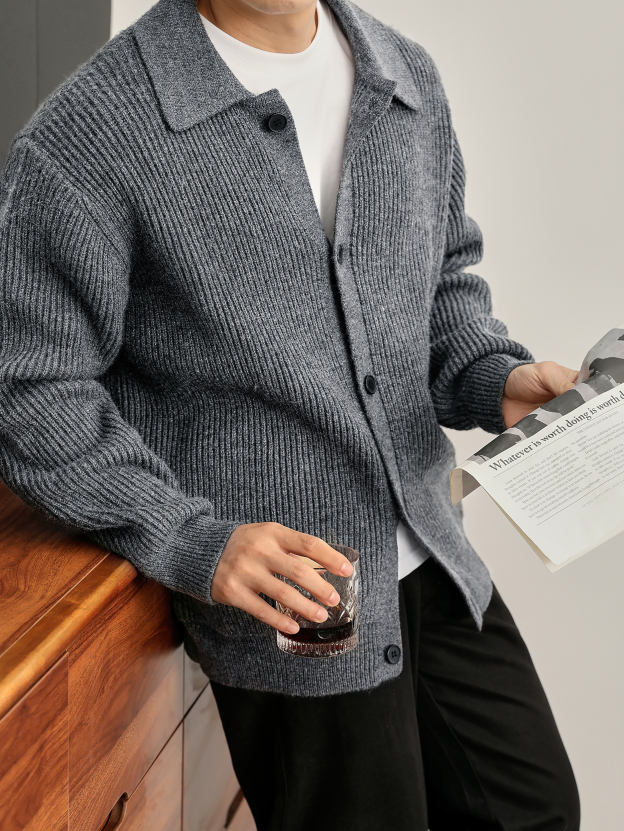 慵懒风坑条肌理感翻领针织开衫毛衣男秋冬简约cleanfit外套