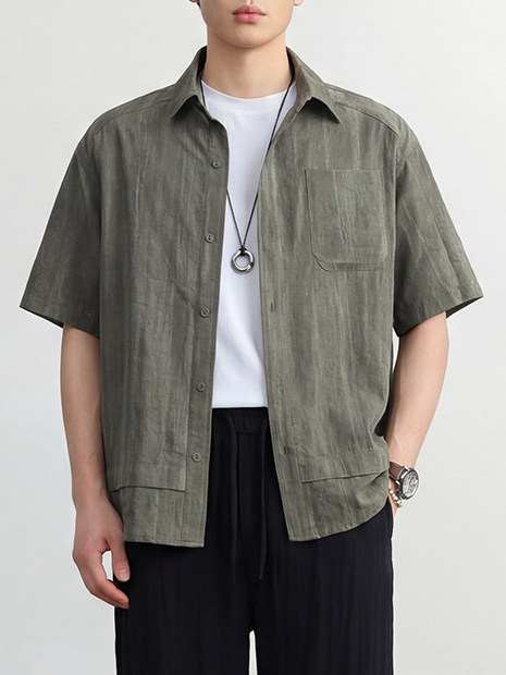 【萊賽爾亞麻】高端老錢美式復古條紋短袖襯衫男抗皺涼感開衫外套