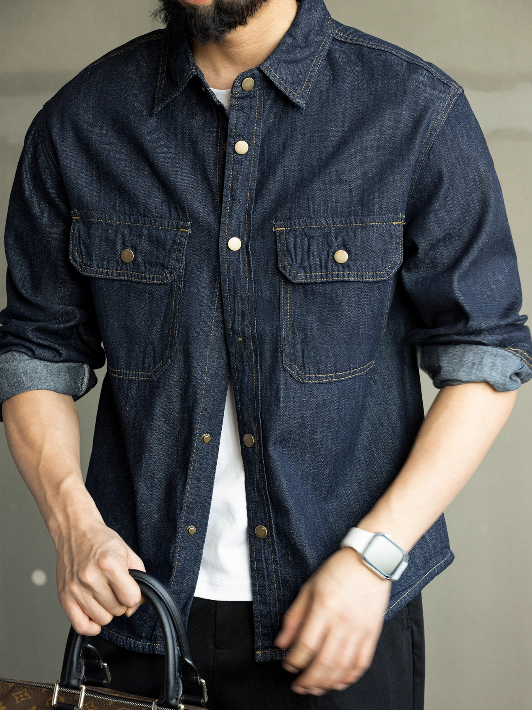 秋季新款原色水洗復古牛仔長袖襯衫男士寬鬆純棉高級簡約襯衣外套