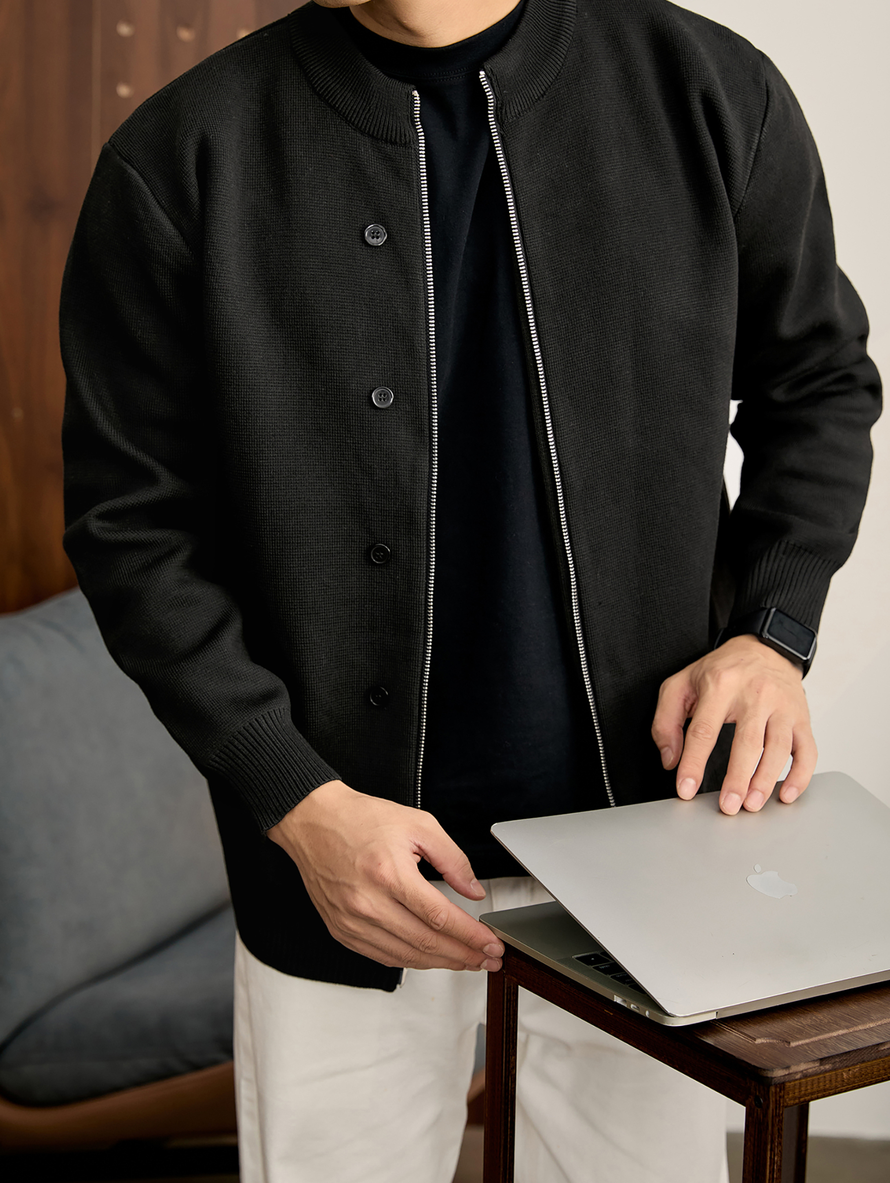 輕熟奢華立領針織外套紐扣裝飾簡約紳士男士雙拉鍊開衫毛衣