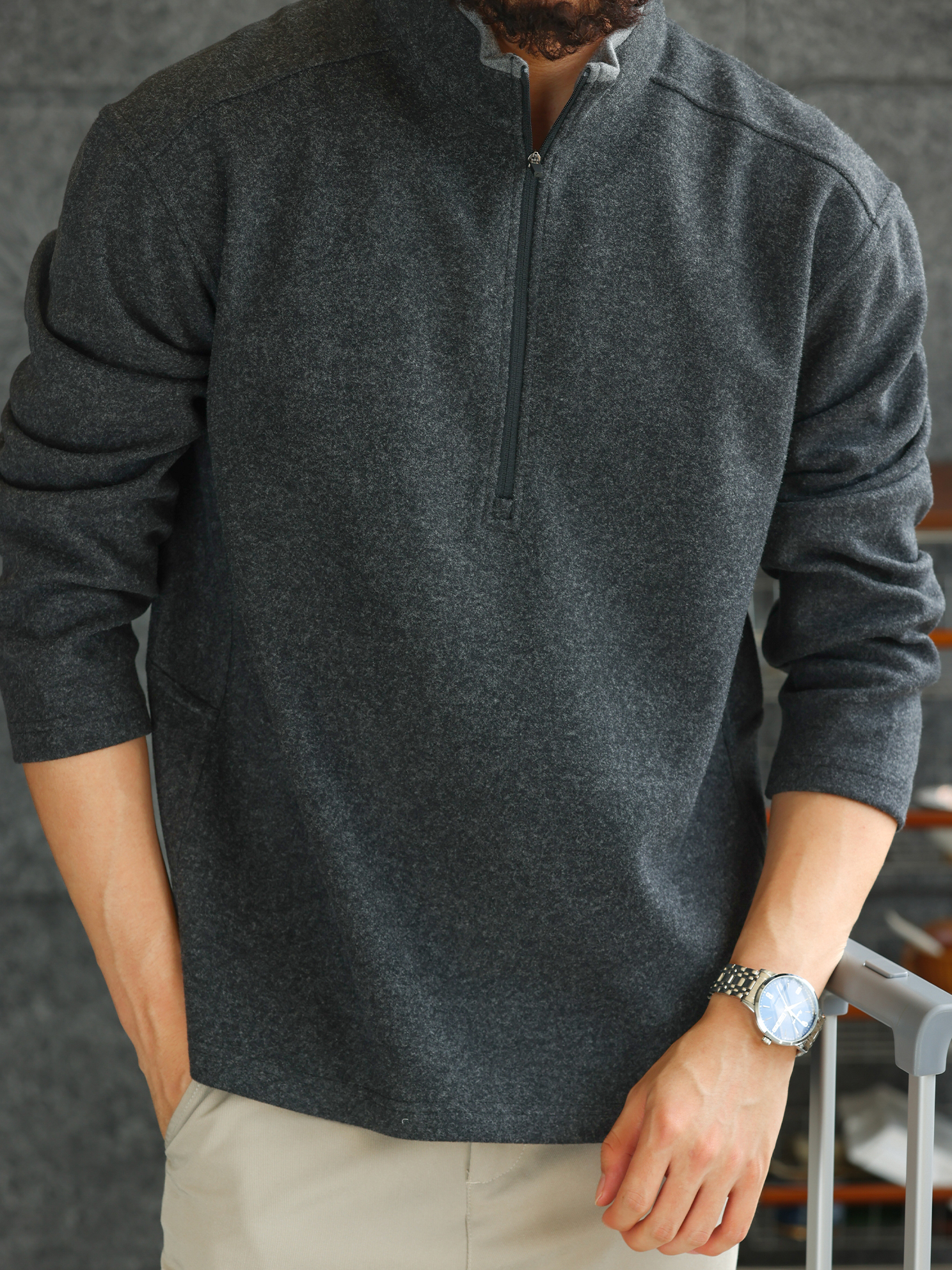 【紳士型格】絨面立領長袖POLO衫男士重磅棉質半拉鍊衛衣