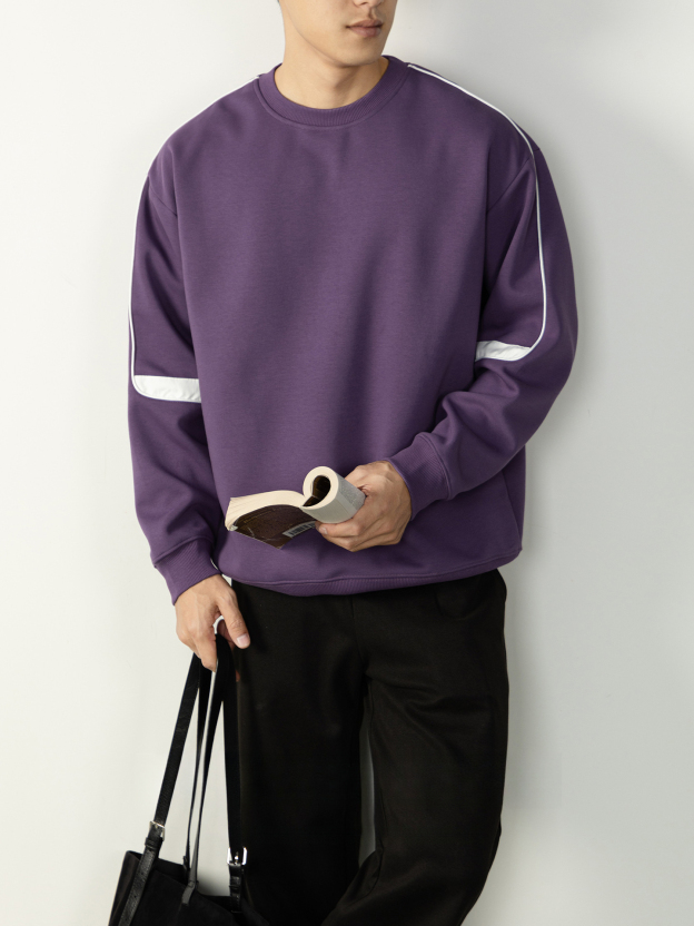時尚老錢風 撞色拼接圓領衛衣男2026春秋高級紫色寬鬆落肩長袖T恤