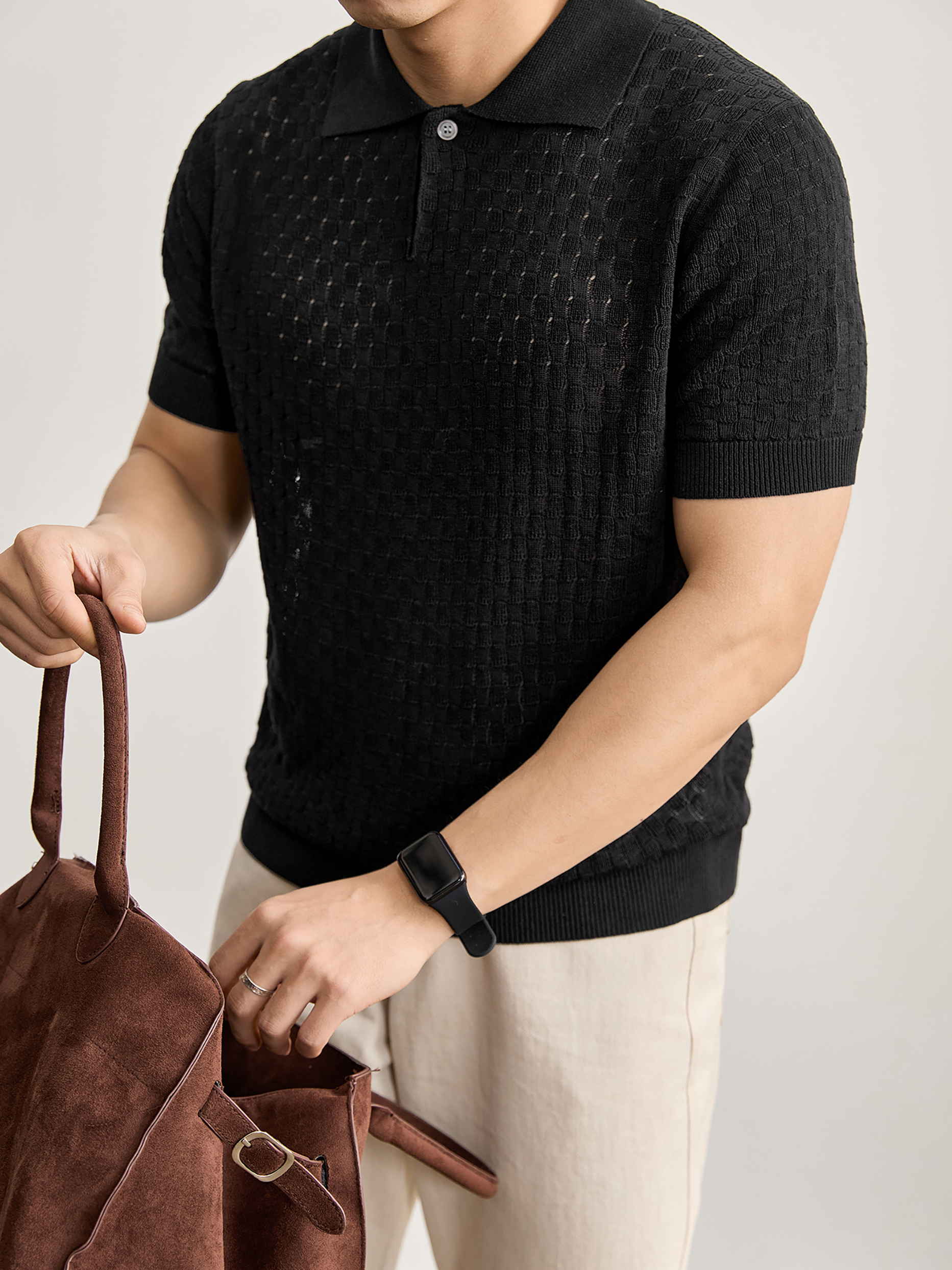 個性透氣蜂巢鏤空提花針織肌理T恤亞麻萊賽爾短袖polo衫男夏