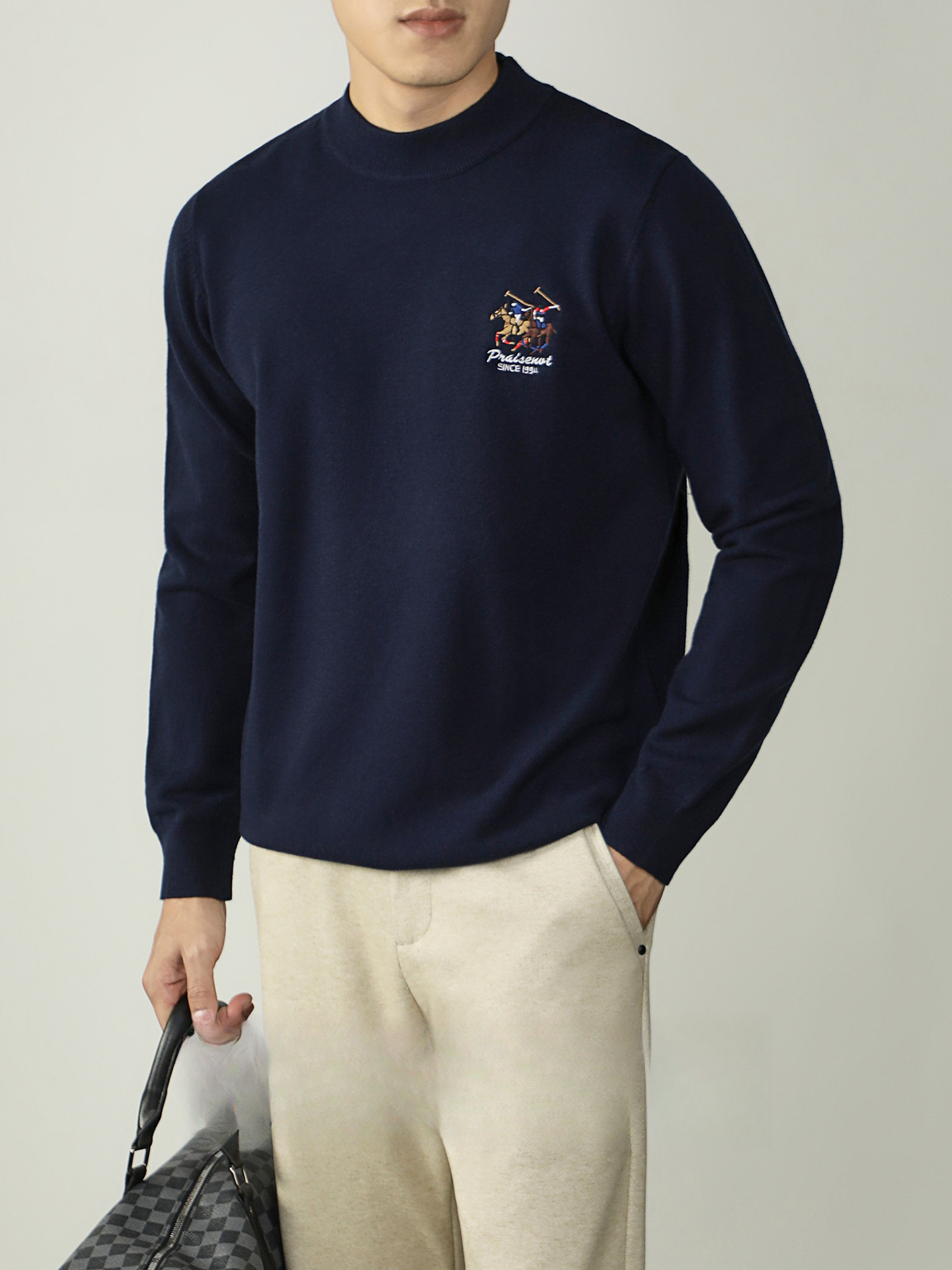 【羊毛莫代爾】馬球刺繡加厚毛衣男冬季保暖半高領舒適打底針織衫