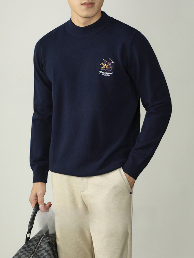 【羊毛莫代爾】馬球刺繡加厚毛衣男冬季保暖半高領舒適打底針織衫