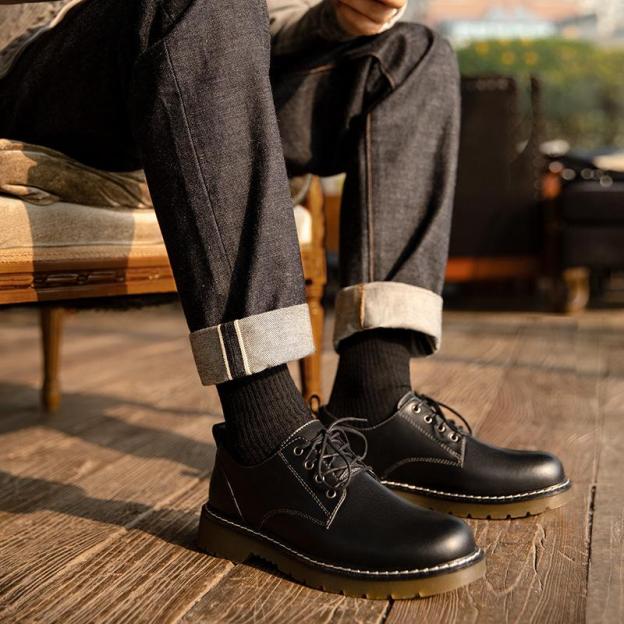 馬登男鞋新款馬丁靴工裝鞋低幫百搭英倫大頭休閑皮鞋潮鞋子-Retro's Wear