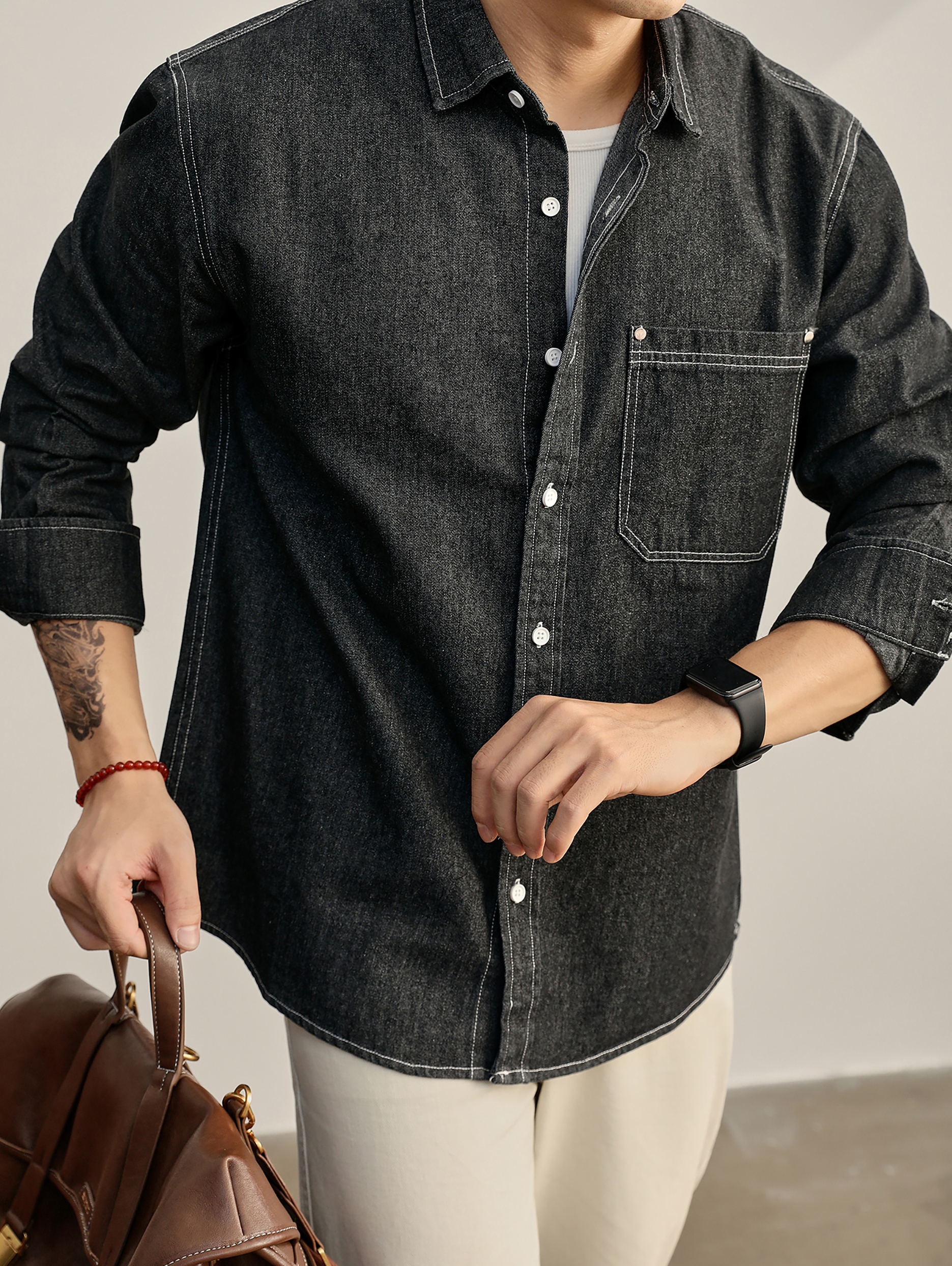 美式復古輯明線鉚釘貼袋設計100%純棉牛仔長袖男士襯衫外套
