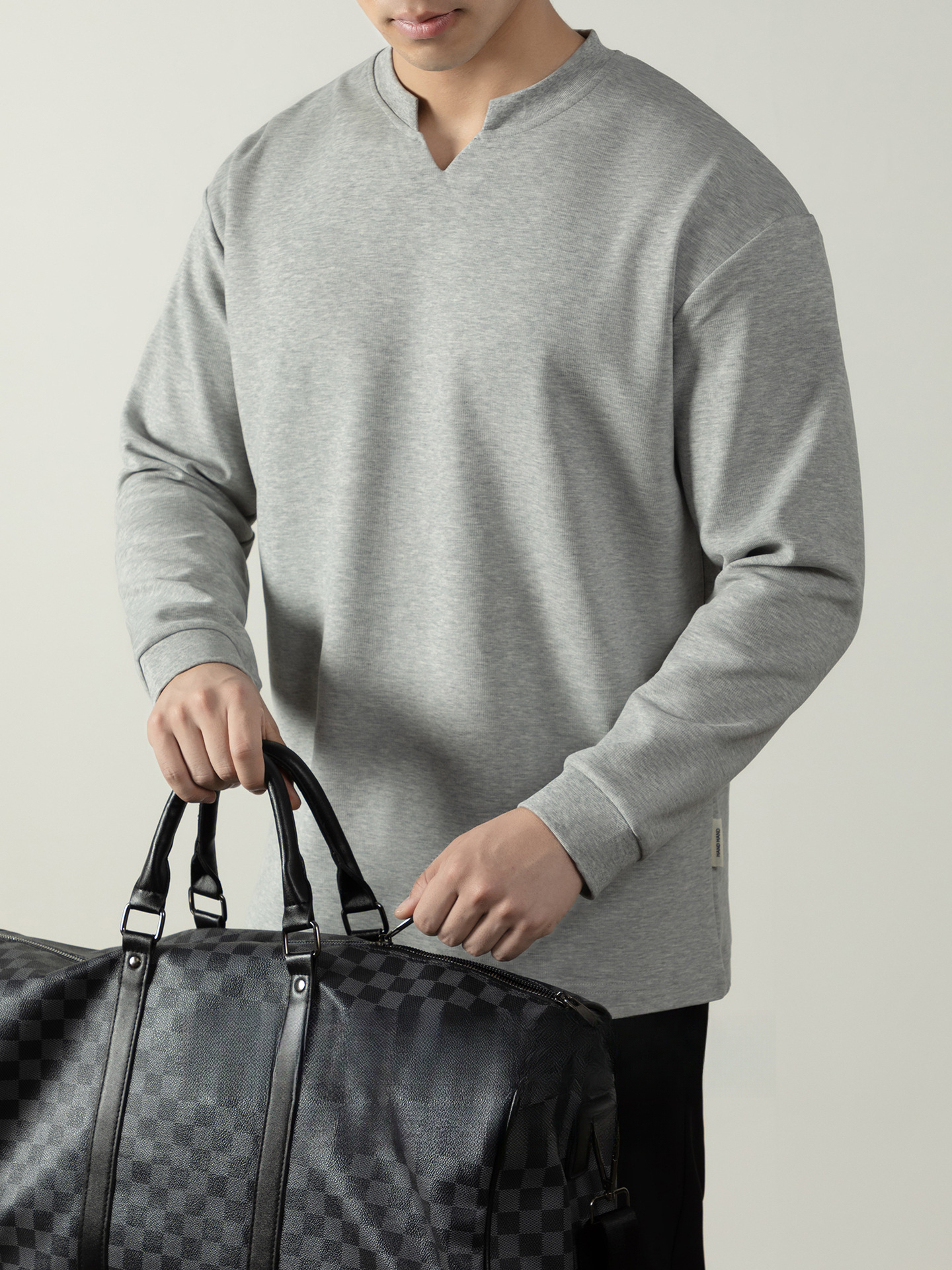 鬆弛感| 高質雙面棉小V亨利領柔軟T恤長袖男士秋冬重磅打底衫