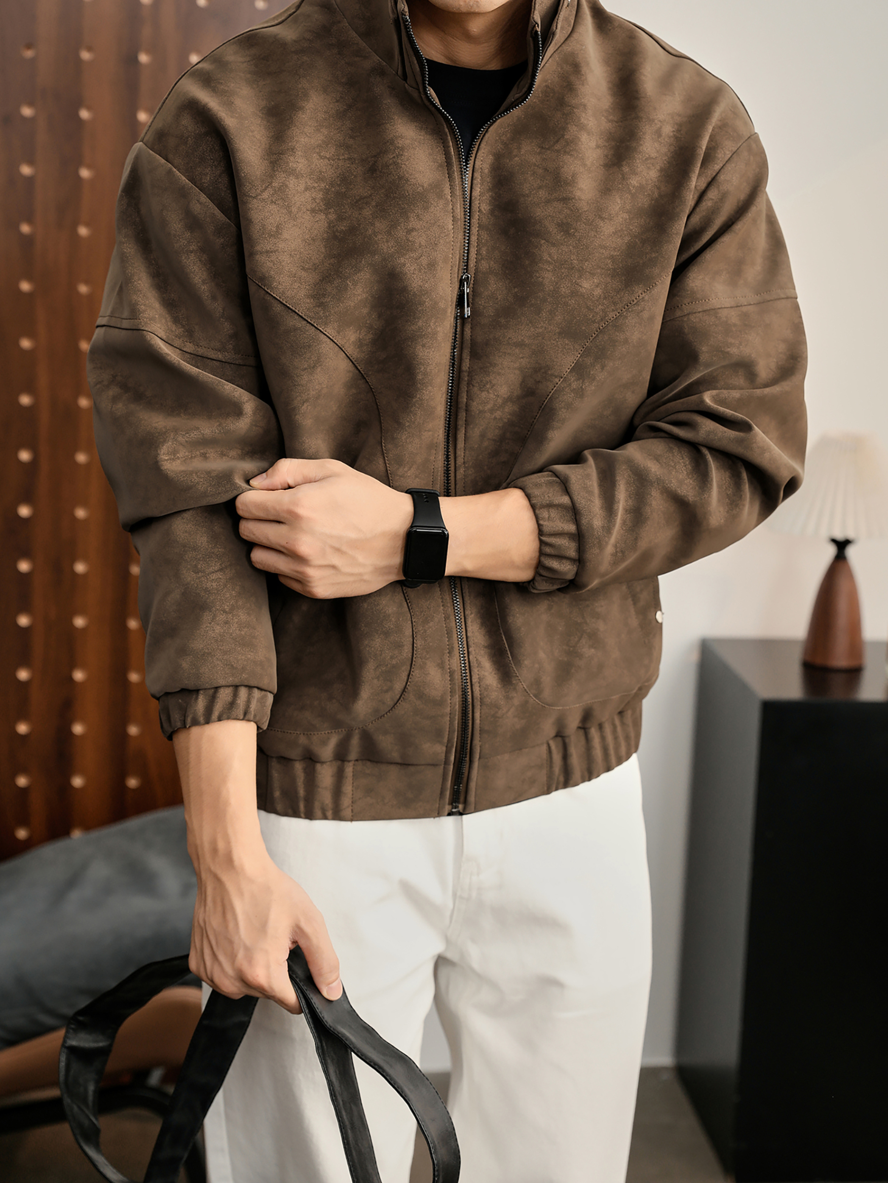 美拉德霧面樹紋紋理感冬季保暖PU皮衣夾克男解構線立領外套