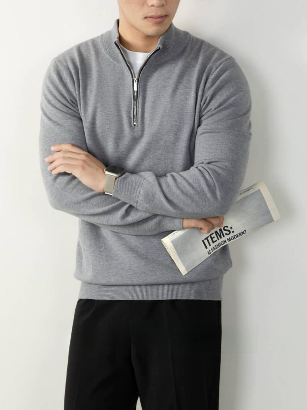 設計感半拉鍊毛衣| 秋冬立領厚款男士暖柔毛衣高級感針織羊毛衫