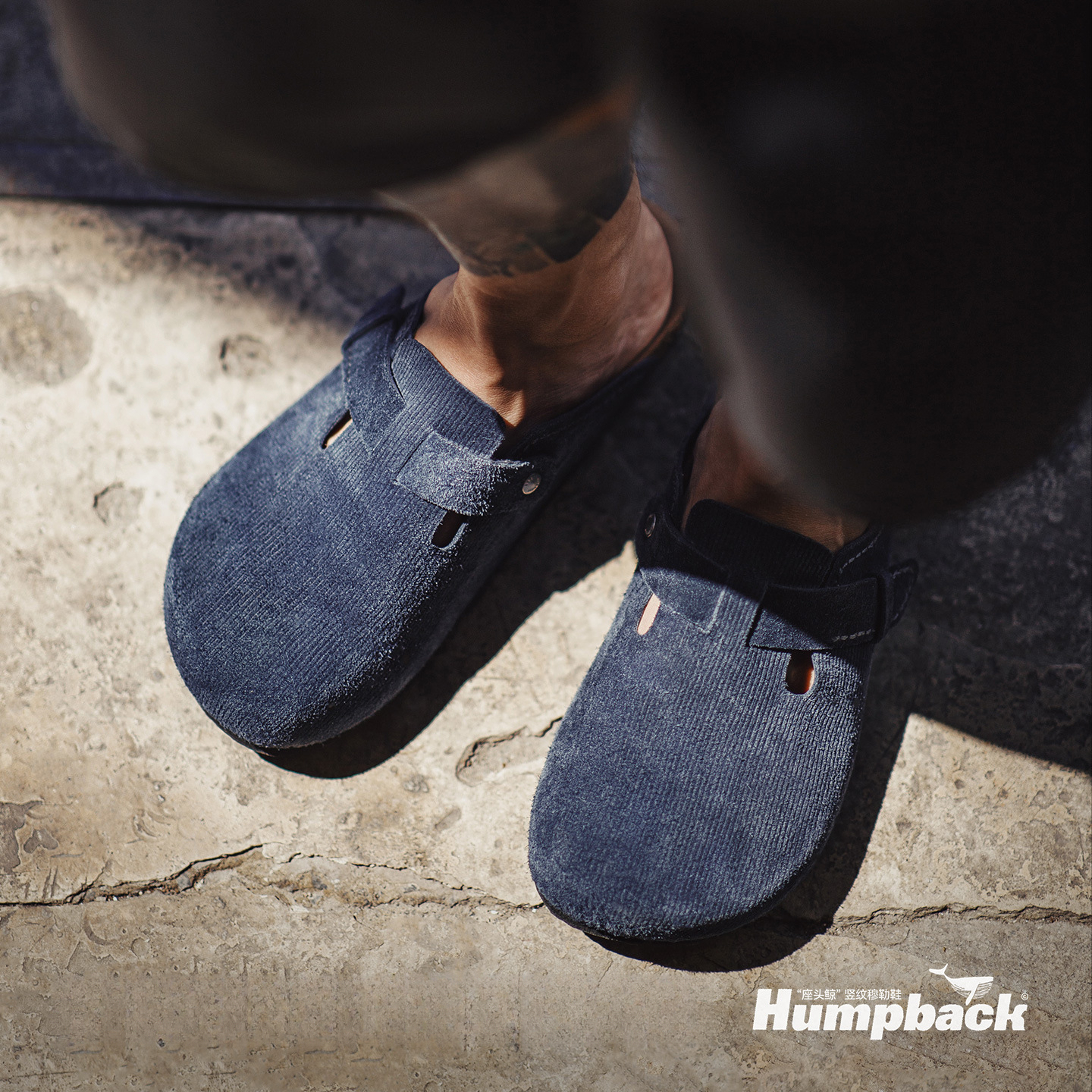 2025夏季新款座頭鯨藍色穆勒鞋男休閒平底全包頭外穿半拖鞋子
