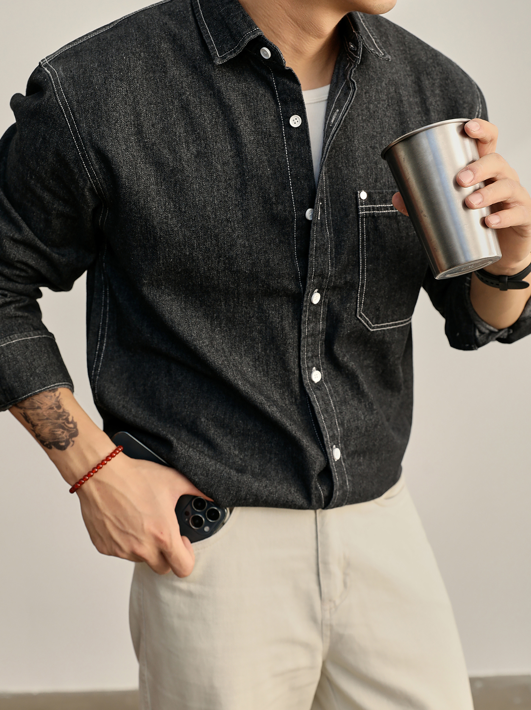 美式復古輯明線鉚釘貼袋設計100%純棉牛仔長袖男士襯衫外套