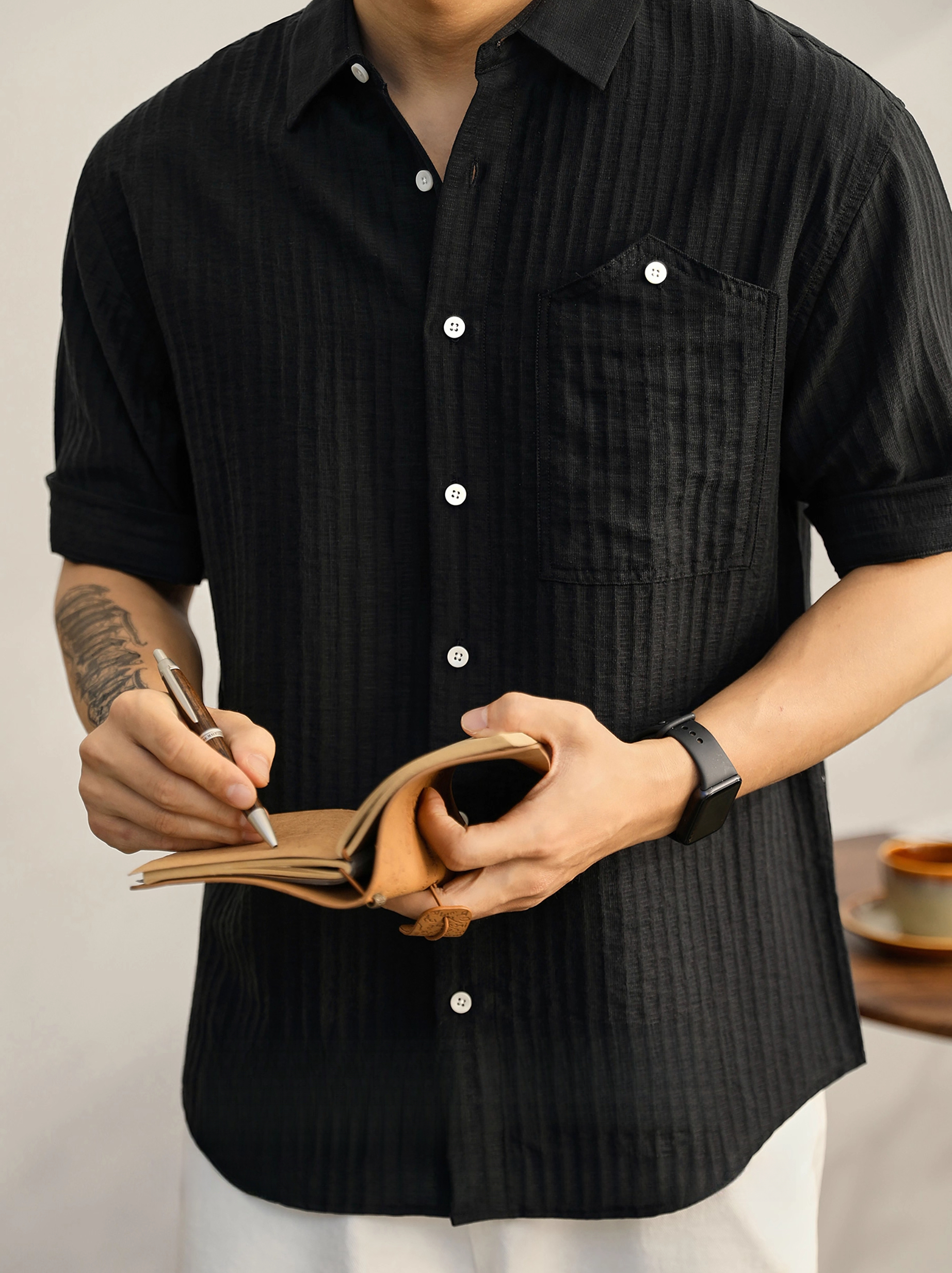 時尚潮流帥氣單穿襯衫男萊賽爾透氣襯衣泡泡肌理感紋理短袖