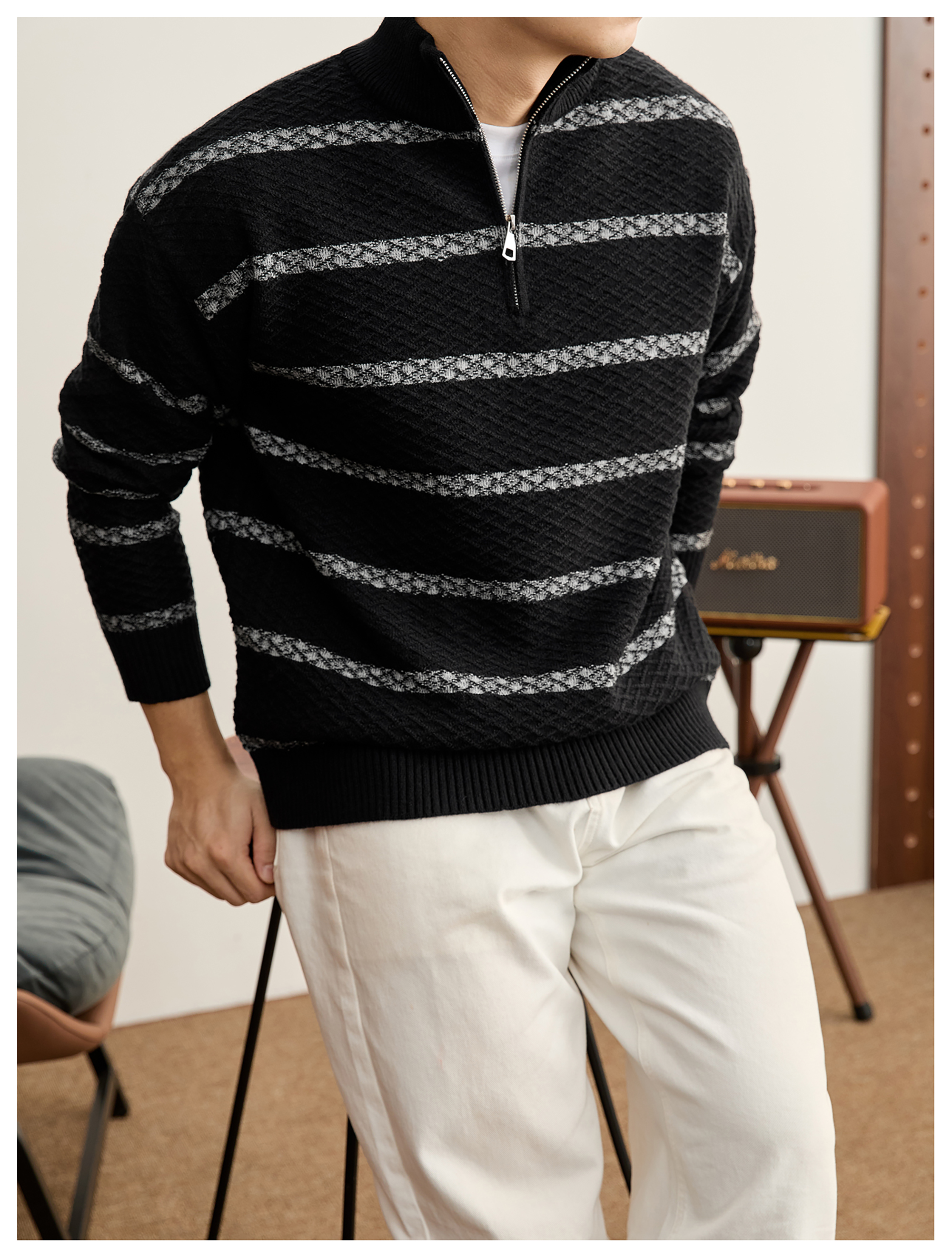 菱形肌理提花撞色條紋拉鍊半高領針織衫男秋冬保暖親膚毛衣