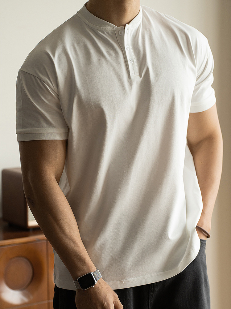 美式休閒亨利領透氣白色薄短袖T恤男士2025新款春季運動打底衫