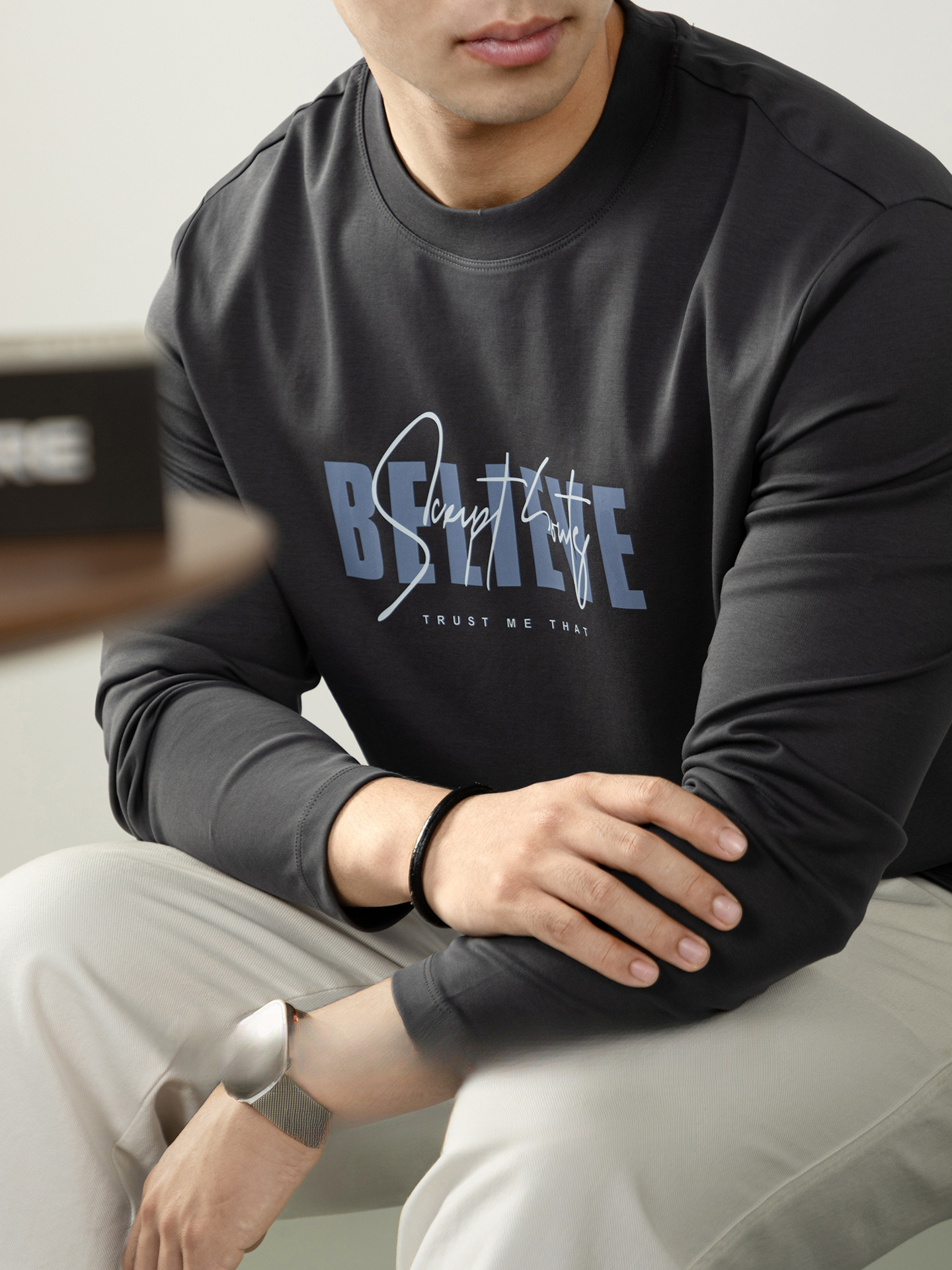 270G雙面液氨絲光棉長袖T恤男士潮流高端3D燙花秋冬休閒打底上衣