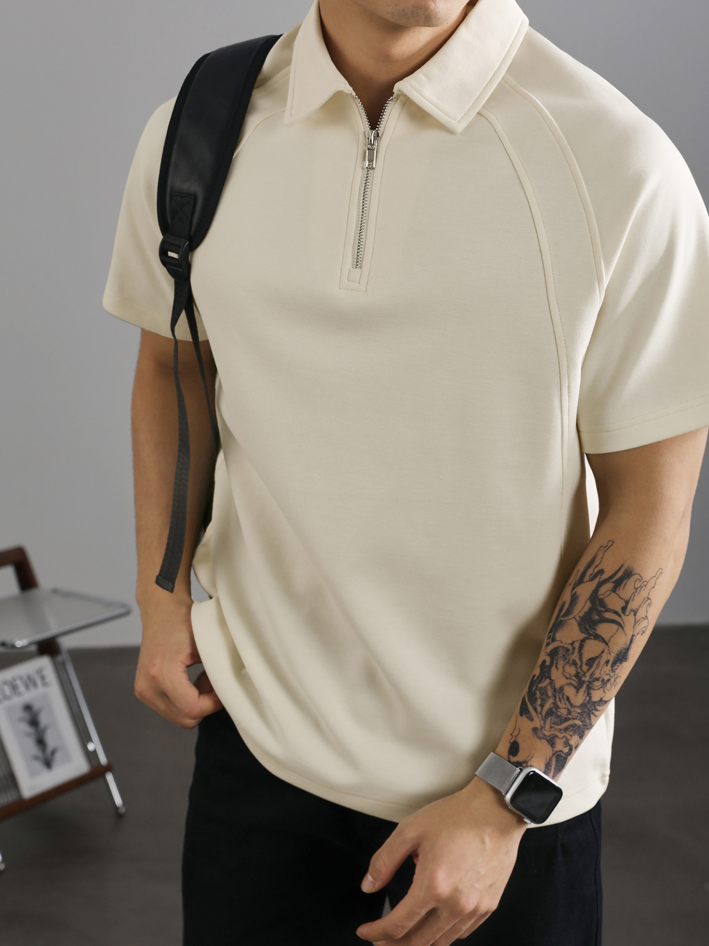 半拉鍊短袖Polo衫男款夏季寬鬆重磅插肩袖T恤輕熟風翻領上衣