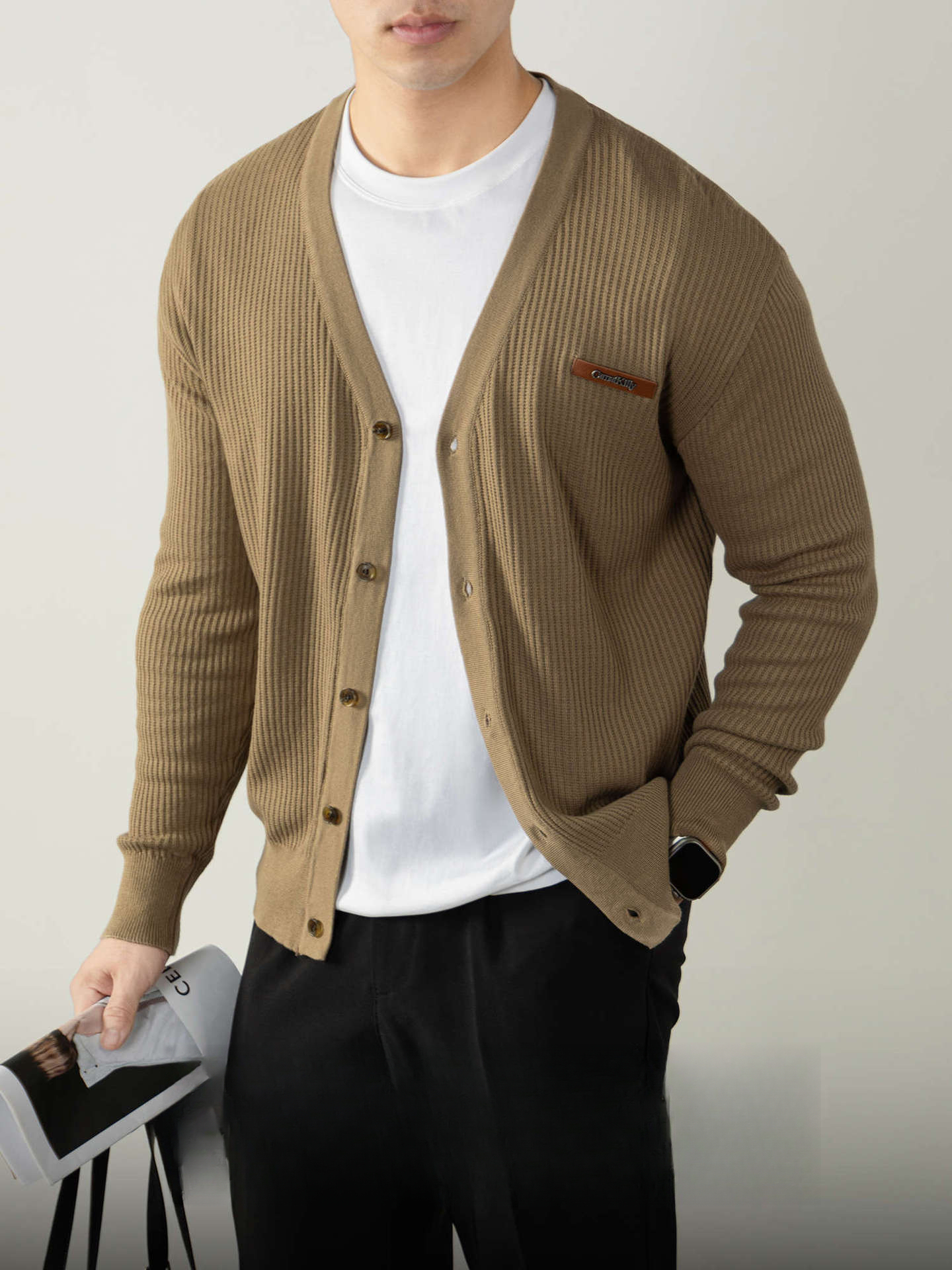 復古植鞣皮標針織衫12針精紡豎紋男士開衫毛衣秋冬通勤高級不撞款