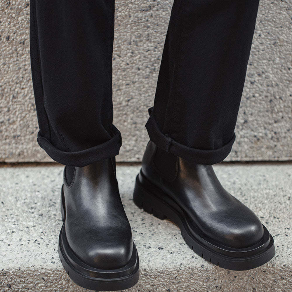 切爾西靴男款夏季一脚蹬厚底休閒黑色真皮短靴子方頭馬丁靴-Retro's Wear