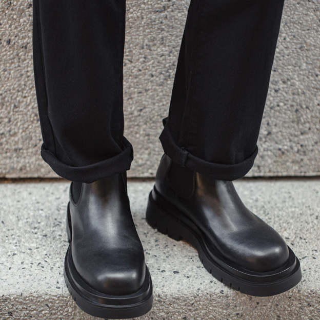 切爾西靴男款夏季一脚蹬厚底休閒黑色真皮短靴子方頭馬丁靴-Retro's Wear