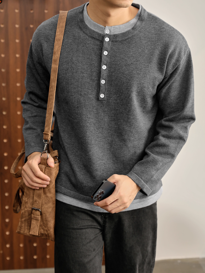 時髦高智感假兩件撞色亨利領針織衫男士秋季休閒百搭長袖T恤