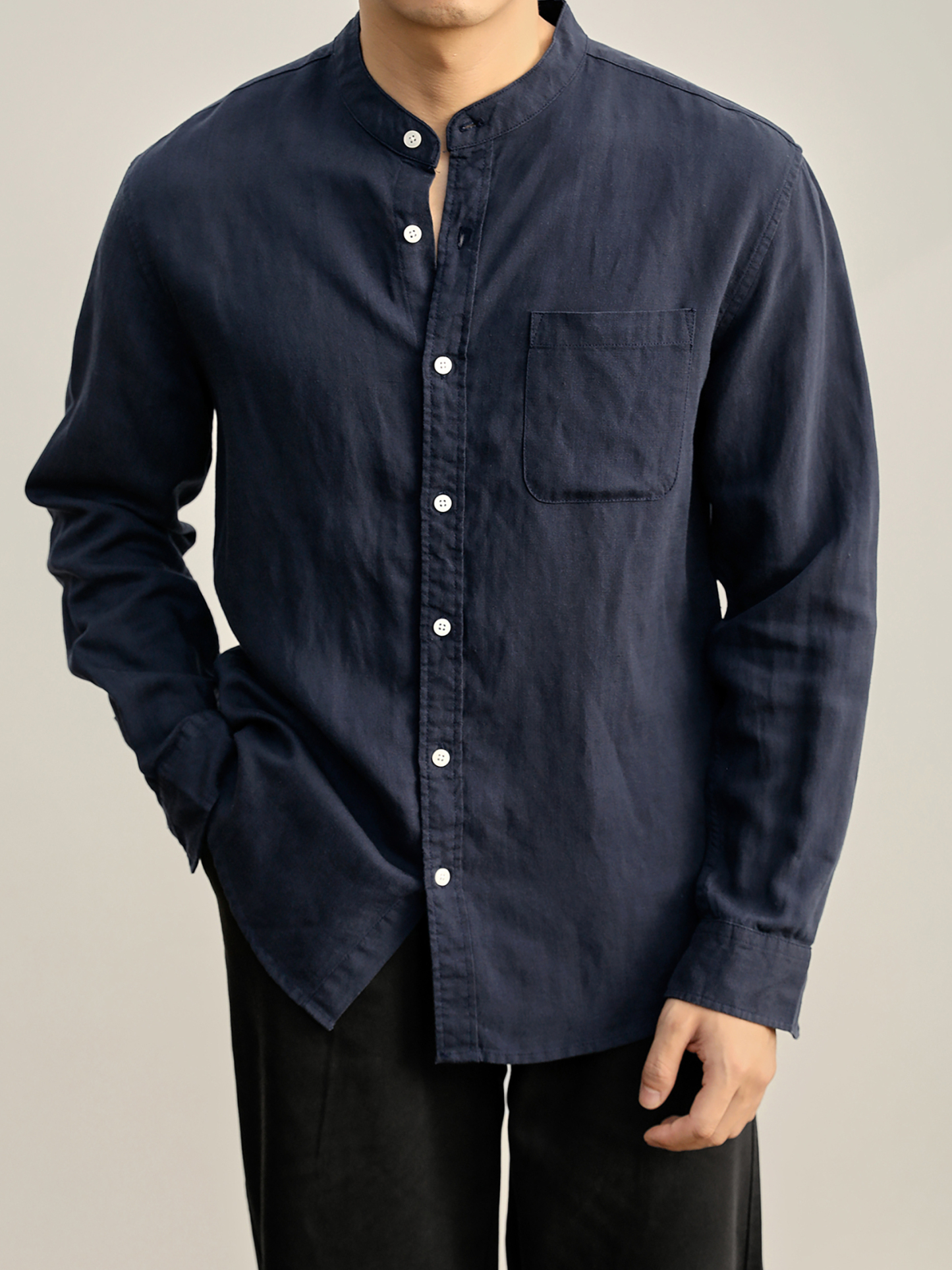 輕奢沉穩老錢口袋款襯衣天絲亞麻休閒長袖復古中式立領襯衫