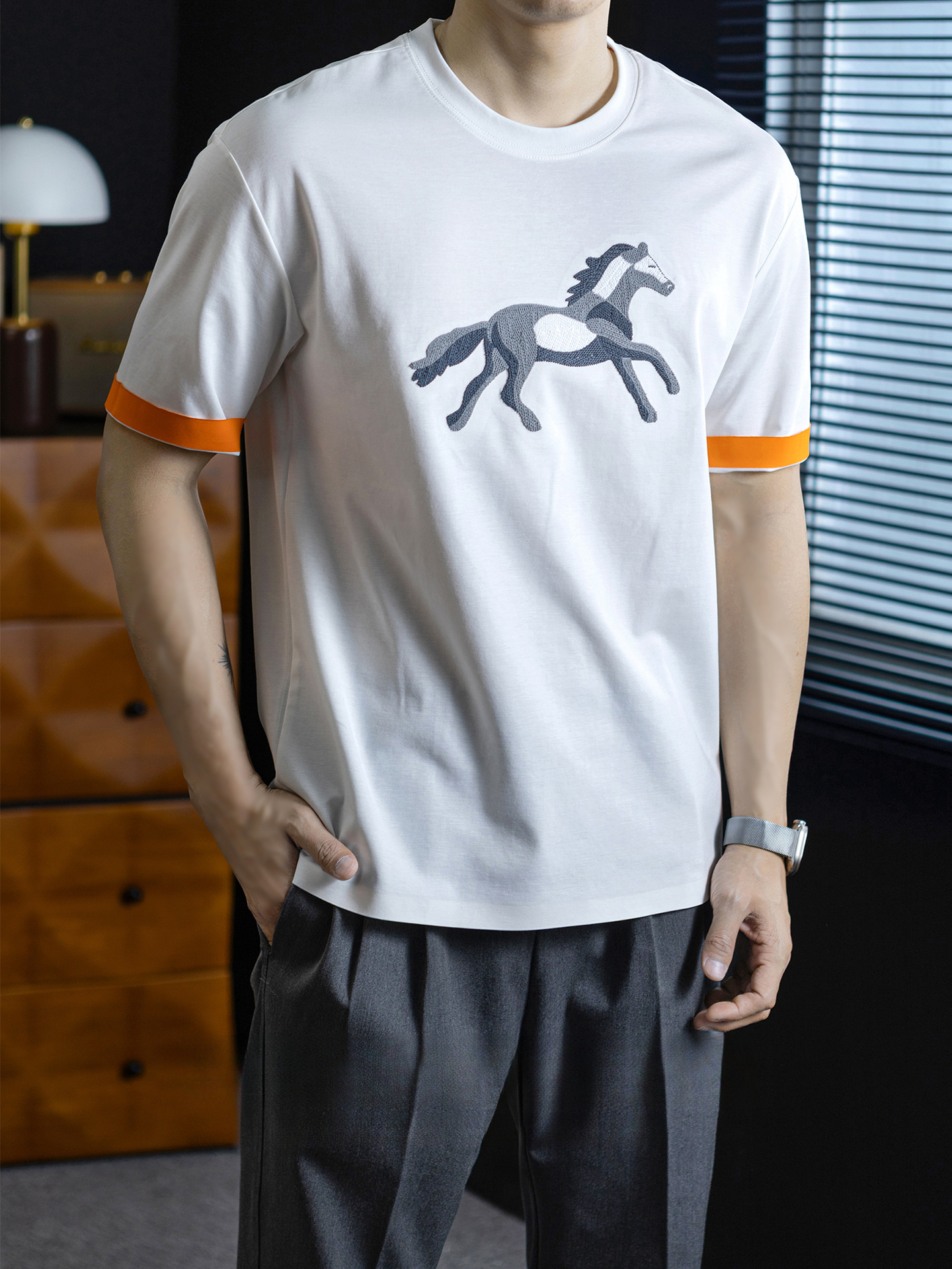 【奔馬貼布繡】冰絲親膚棉撞色短袖T恤男士時尚涼感舒適夏季半袖