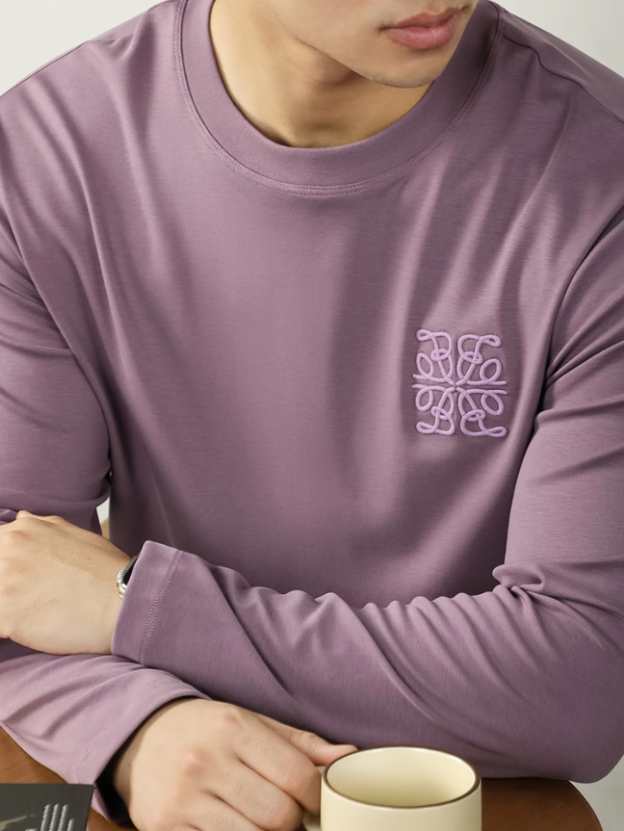 【80S高支萊賽爾】雙面液氨絲光長袖T恤男刺繡輕奢高端打底衫商務