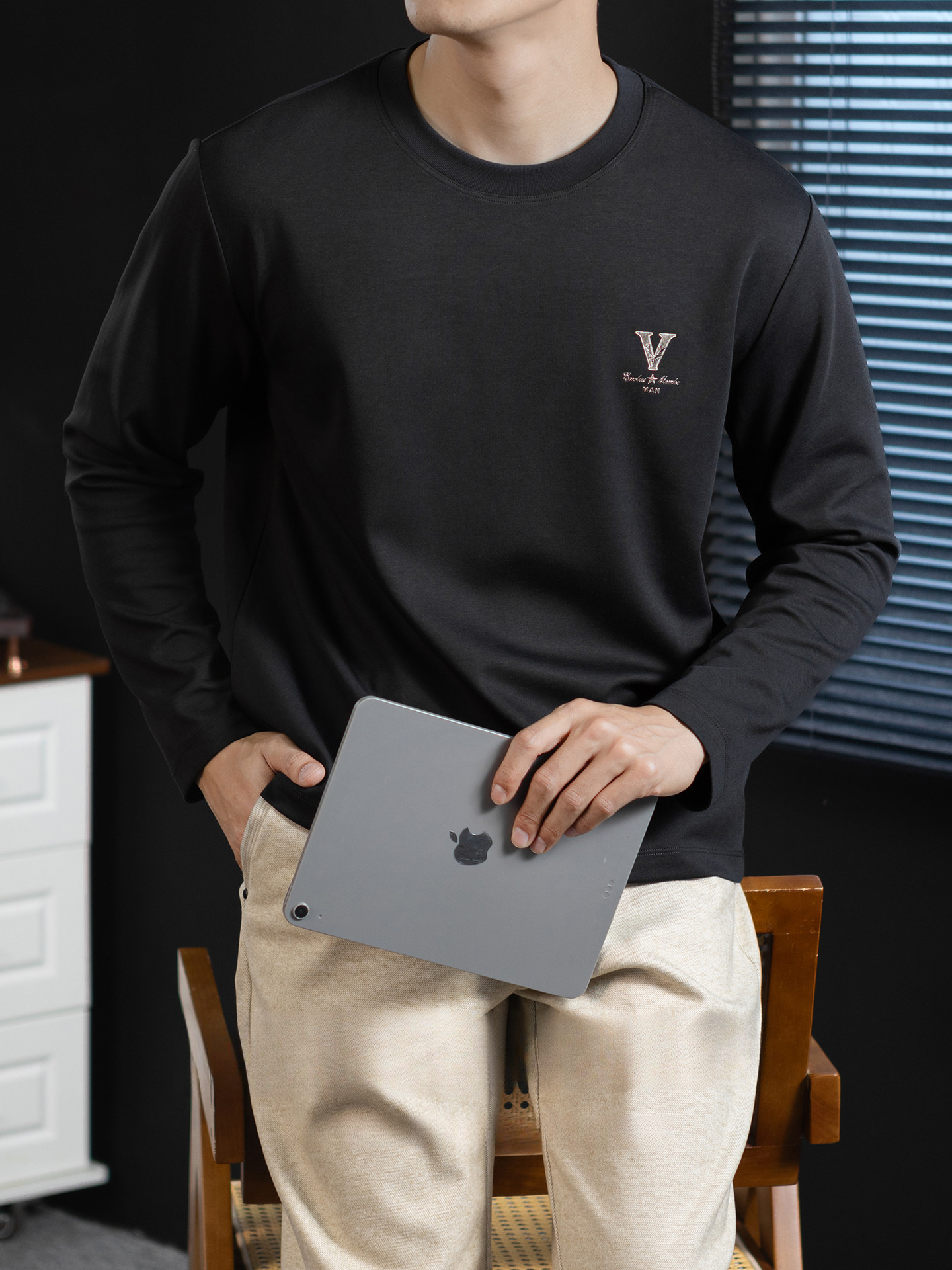 【經典奢華風】雲感莫代爾棉圓領打底T恤男士春秋立體印花高級感