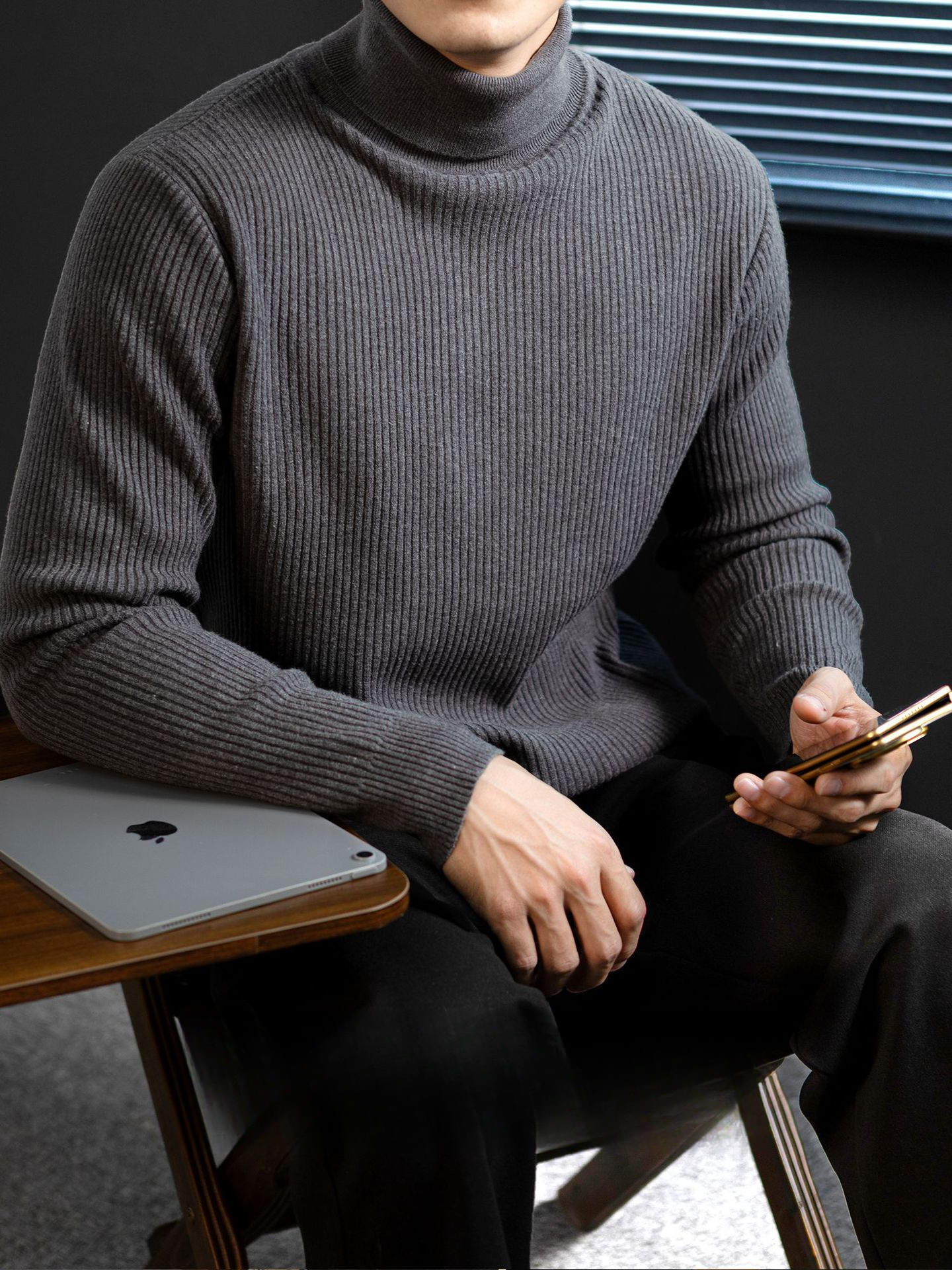 【優雅紳士感】可機洗厚款條紋純色針織毛衣冬季高領保暖打底衫男