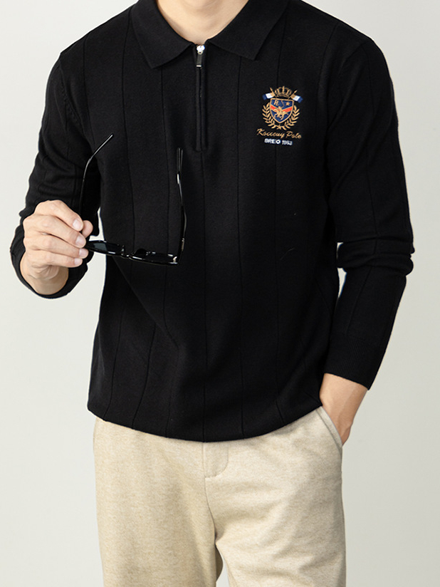 【古典徽章刺繡】輕奢男士豎紋羊毛針織衫半拉鍊保暖冬季休閒毛衣