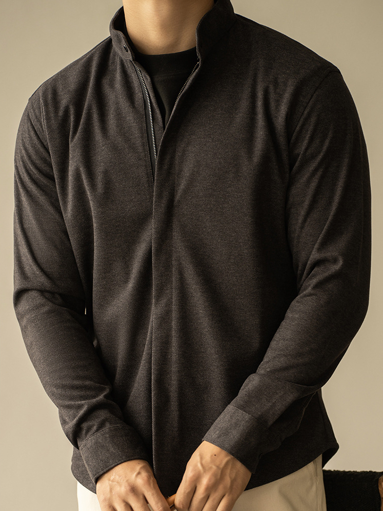 輕商務毛呢拉鍊長袖襯衫男士青年秋冬季新款修身休閒外套
