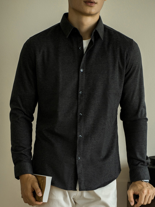 仿羊毛呢秋冬男士長袖襯衫商務休閒純色磨毛襯衣