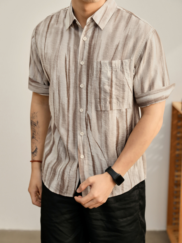 藝術感暈染漸變紋理短袖襯衫男夏親膚萊賽爾垂墜感半袖襯衣