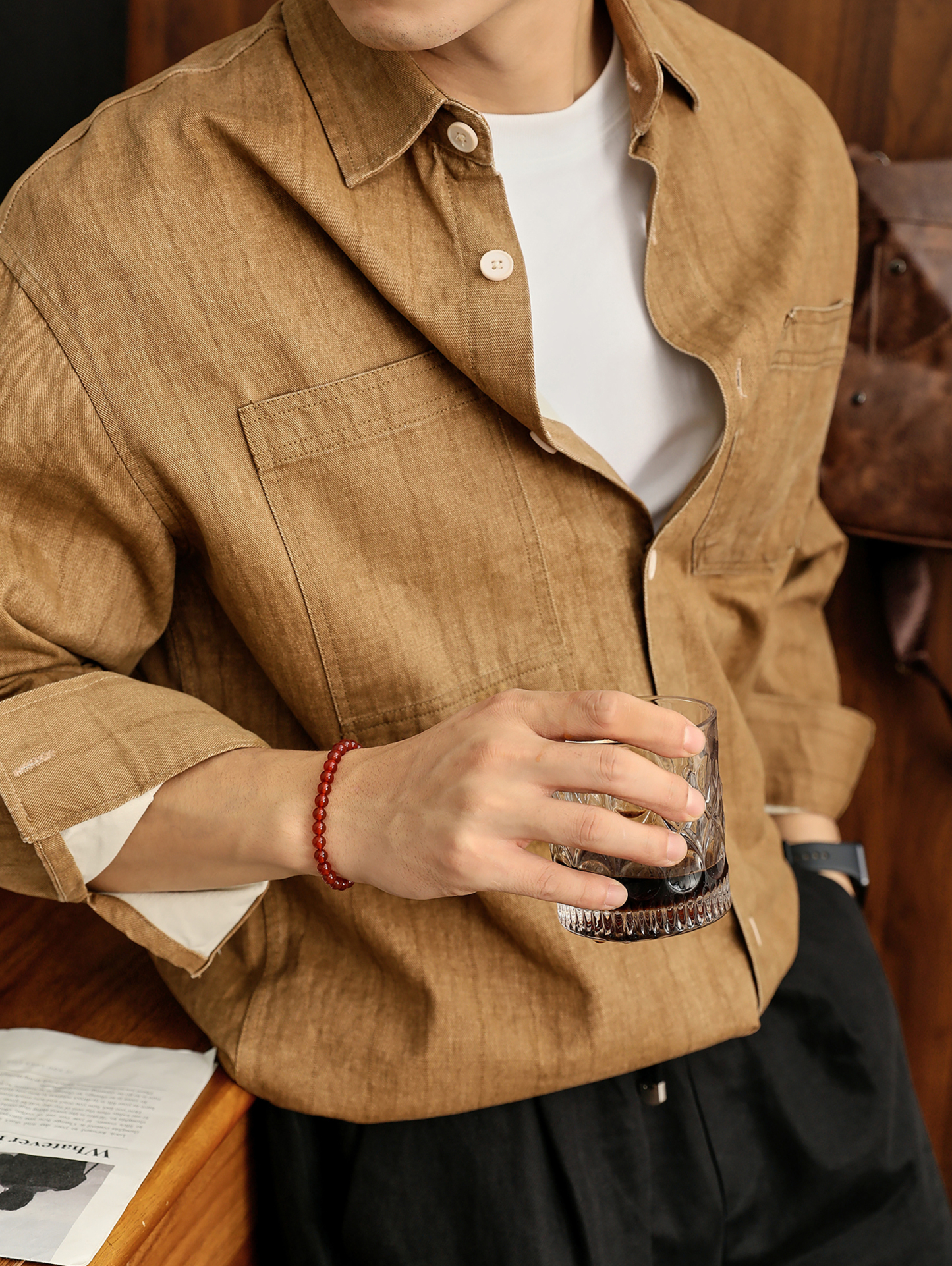 日系復古老錢男士100%純棉長袖襯衫秋季雙口袋純色襯衣外套