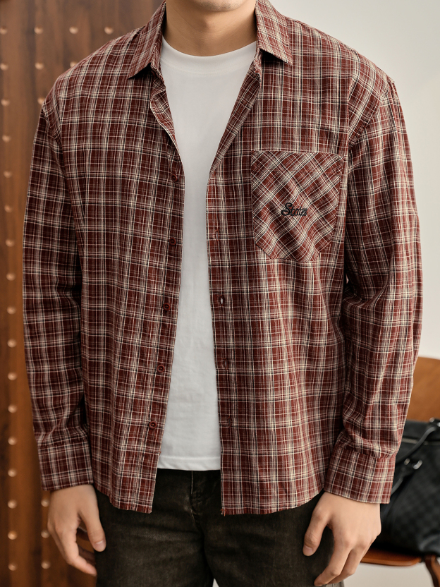 美式復古慵懶格子100%純棉長袖襯衫男休閒cleanfit襯衣外套