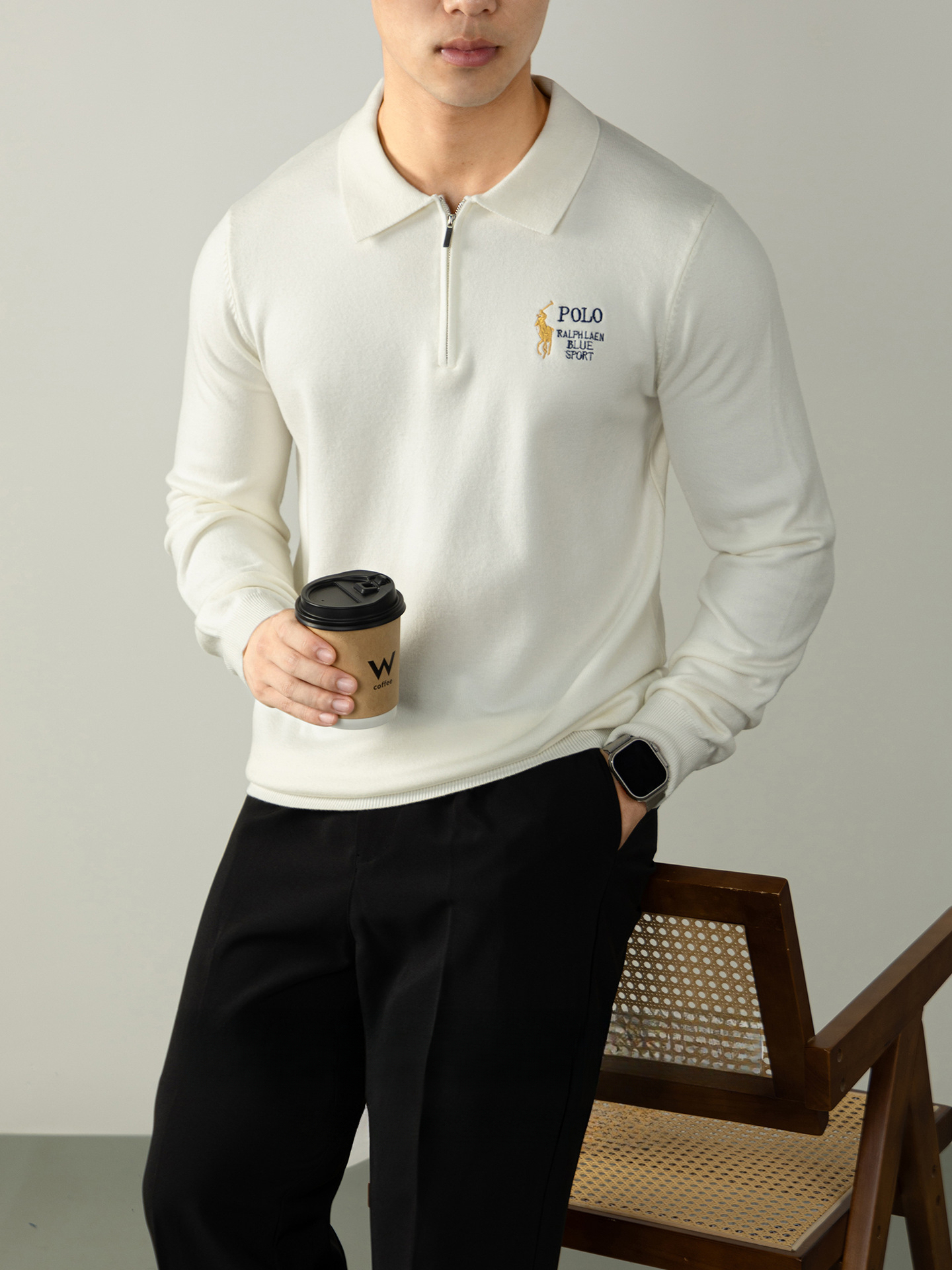 半拉鍊針織衫輕熟男士商務通勤保暖刺繡毛衣冬季