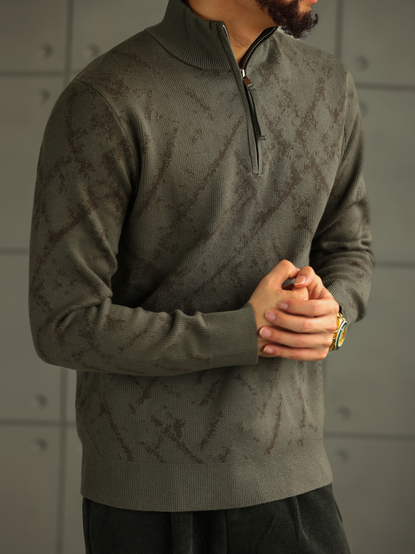 【智感鬆弛】格調花紋半高領針織衫男士拉鍊套頭打底毛衣