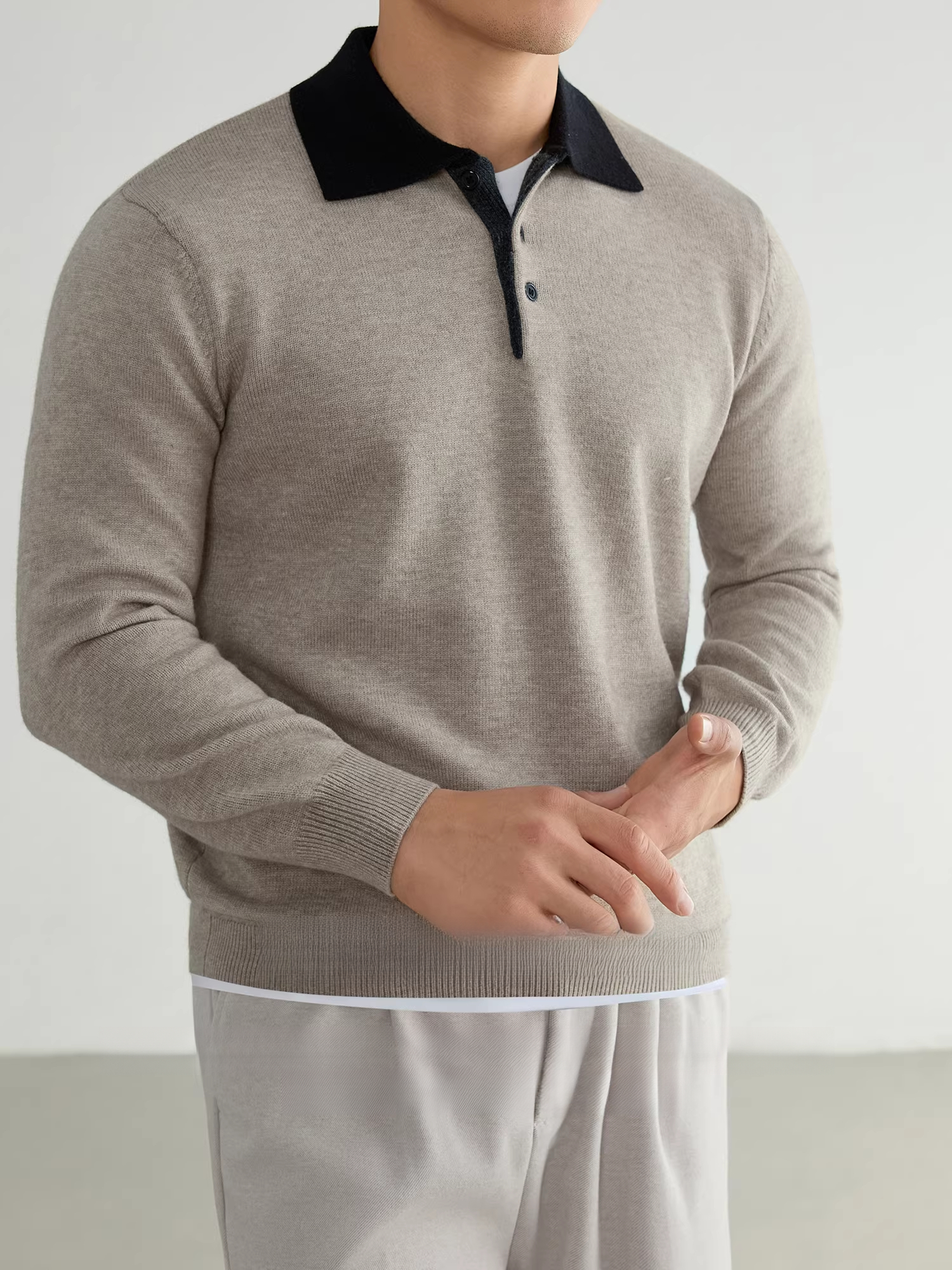 【抗起球】美式翻領撞色商務休閒毛衣男士通勤長袖針織衫