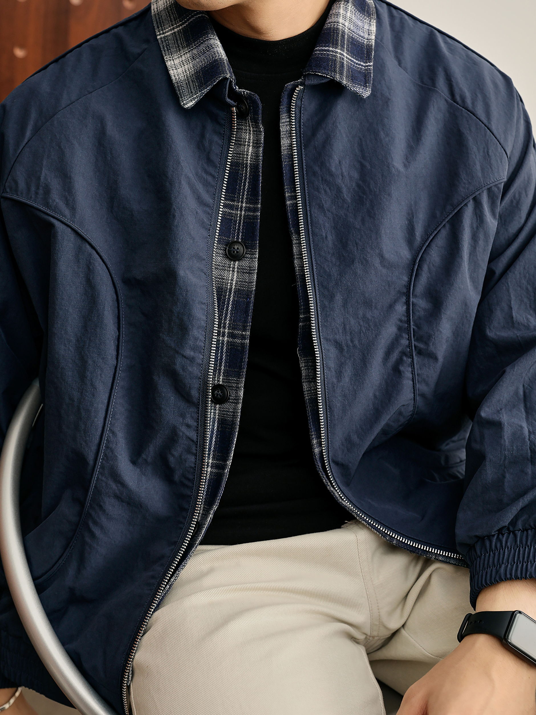 美式潮流撞色格紋拼接夾克弧形分割線雙重閉合假兩件外套男