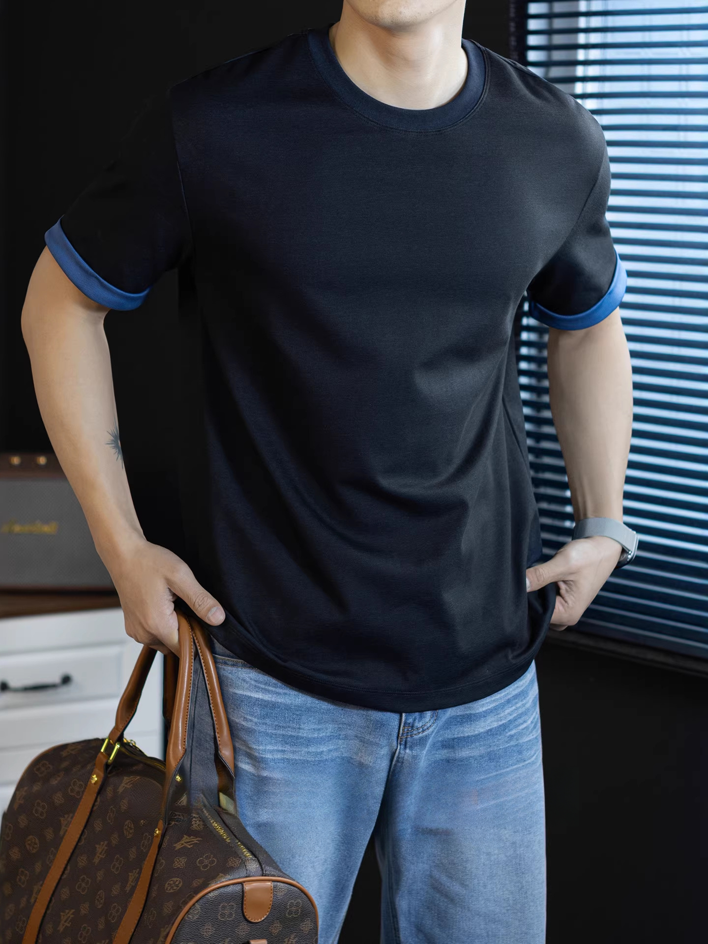 【高階復古】雙紗絲光棉撞色短袖T恤男260G重磅夏季涼感透氣速幹T恤