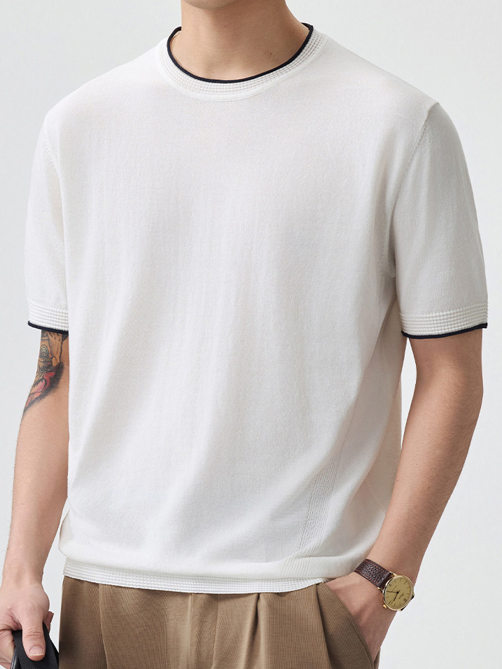 男士夏季薄款新款老錢風短袖T恤男針織衫圓領日系復古纯色短袖T恤