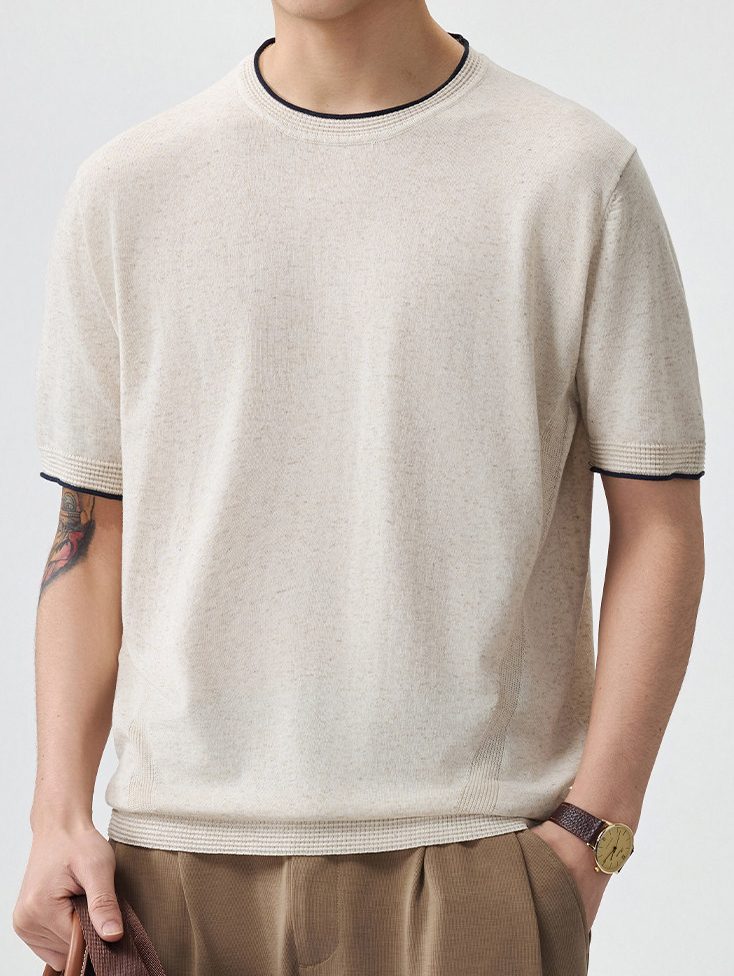 男士夏季薄款新款老錢風短袖T恤男針織衫圓領日系復古纯色短袖T恤