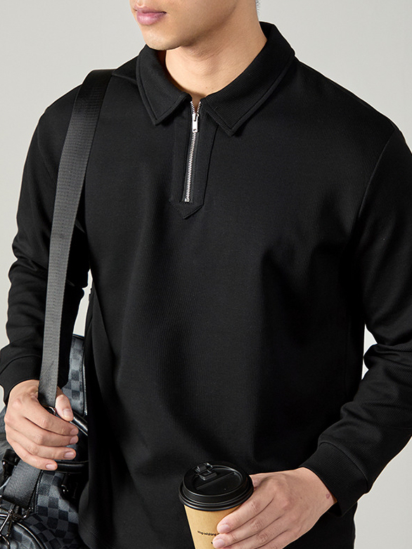 輕奢商務 重磅320G格紋棉感半拉鍊休閒衛衣男2026春秋翻領POLO衫