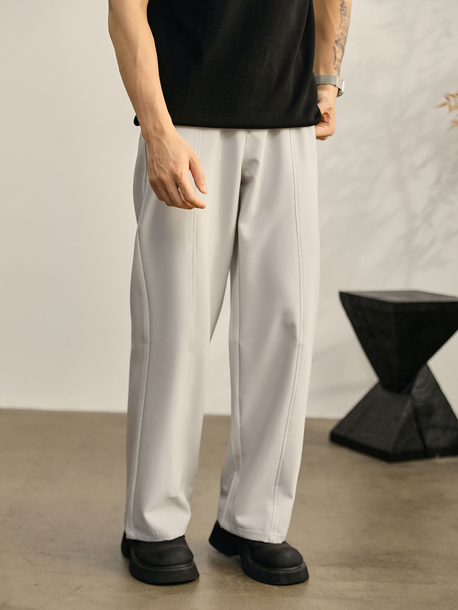 垂墜線條感休閒男士小西褲經典直筒闊腿褲半鬆緊腰免燙長褲