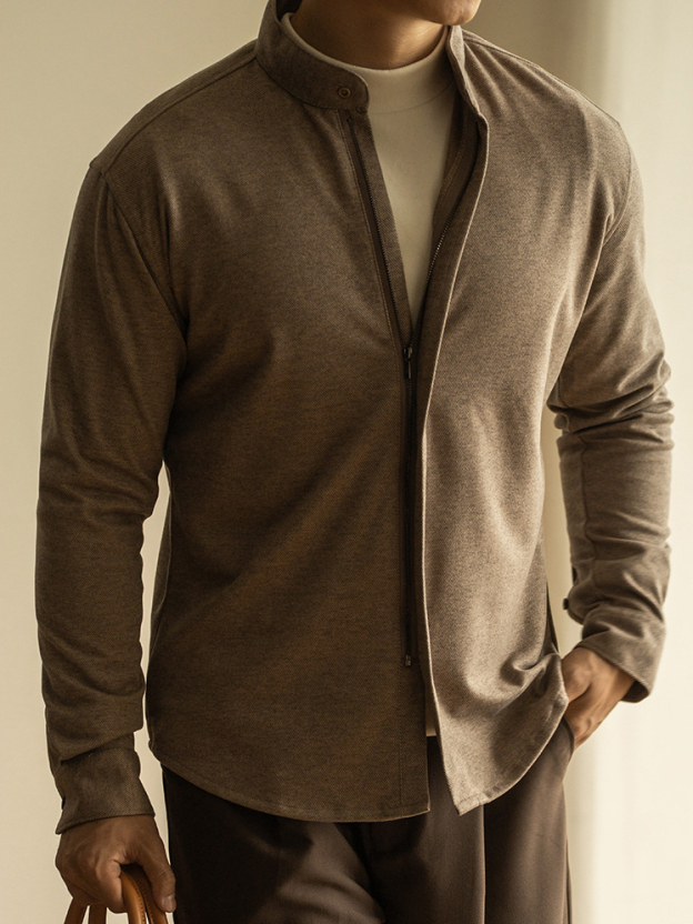 輕商務毛呢拉鍊長袖襯衫男士青年秋冬季新款修身休閒外套