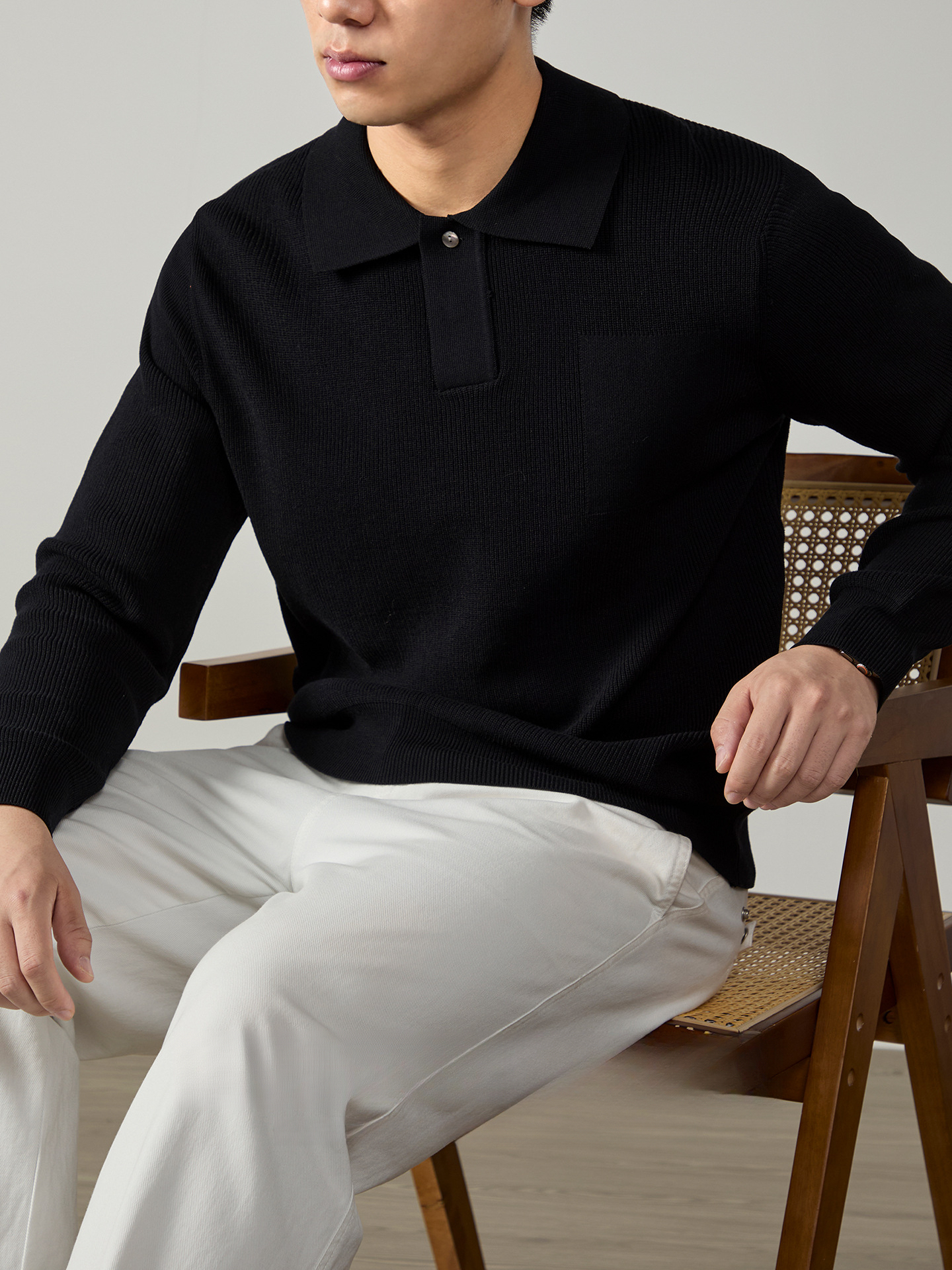 暗釦設計款暖奢豎紋針織衫冬季可機洗翻領毛衣男款保暖商務百搭